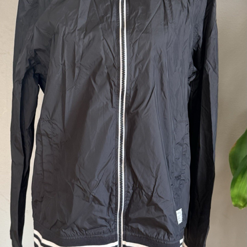 Adam Levine Jacket Mens L Navy Nylon Bomber Stripe Ribbed Trim Zip Lightweight